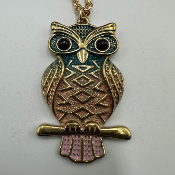 3/$30 Owl Pendant Necklace Gold Tone Multicolored Enamel Geometric Long Chain - Picture 3 of 12